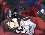  animal_ears bare_shoulders black_hair blonde_hair blue_hair blurry blurry_background blush bottle brown_hair closed_eyes commentary_request dress drunk grass_root_youkai_network green_hair hat imaizumi_kagerou inubashiri_momiji kasuka_(kusuki) lantern long_hair long_sleeves lying multiple_girls night object_hug off-shoulder_dress off_shoulder on_side outdoors red_hair rumia sekibanki shameimaru_aya sleeping smile tail tokin_hat touhou wakasagihime white_hair wolf_ears wolf_tail wriggle_nightbug 