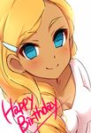  bangs blonde_hair blue_eyes blush character_request closed_mouth dark_skin english eyebrows_visible_through_hair hair_ornament hairclip happy_birthday highres inazuma_eleven_(series) long_hair looking_at_viewer sekina shirt simple_background sketch smile solo upper_body white_background white_shirt 