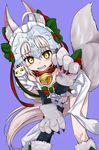  :d absurdres ahoge animal_ears bakunyuu_gorilla bell bell_collar bent_over black_gloves black_legwear blush collar commentary elbow_gloves eyebrows_visible_through_hair fate/grand_order fate_(series) fox_ears fox_tail gloves hand_on_own_knee headpiece highres jeanne_d'arc_(fate)_(all) jeanne_d'arc_alter_santa_lily jingle_bell kemonomimi_mode leg_garter long_hair looking_at_viewer maid_headdress open_mouth paw_gloves paw_pose paws purple_background red_collar simple_background single_thighhigh smile solo tail thighhighs very_long_hair white_hair yellow_eyes 