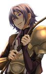  armor blush bow_(weapon) fire_emblem fire_emblem_echoes:_mou_hitori_no_eiyuuou highres kakiko210 leo_(fire_emblem) long_hair male_focus open_mouth purple_eyes purple_hair simple_background solo upper_body weapon white_background 