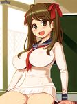  breasts brown_eyes brown_hair chalkboard character_request classroom covered_nipples hair_ribbon impossible_clothes large_breasts logo long_hair long_sleeves looking_at_viewer non-web_source official_art open_mouth psychic_hearts ribbon ryoji_(nomura_ryouji) skin_tight skirt solo sweat 
