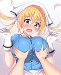  blend_s blonde_hair blue_eyes blush breast_grab breasts commentary_request embarrassed etan14 eyebrows_visible_through_hair gloves grabbing hair_between_eyes head_scarf highres hinata_kaho large_breasts long_hair looking_at_viewer open_mouth out_of_frame pov pov_hands solo_focus stile_uniform twintails upper_body waitress wavy_mouth white_gloves 