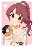  bag bangs blush border brown_eyes brown_hair commentary_request doughnut food heart highres idolmaster idolmaster_cinderella_girls long_hair looking_at_viewer off-shoulder_sweater omaru_gyuunyuu paper_bag pink_background ponytail scrunchie shiina_noriko smile solo sweater swept_bangs twitter_username white_border white_sweater 