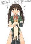  :d bare_hips black_gloves blush bow bowtie brown_eyes brown_hair cat collared_dress cowboy_shot dress elbow_gloves eyebrows_visible_through_hair fang fingernails gloves green_dress hair_between_eyes hair_bow highres holding holding_cat jpeg_artifacts kantai_collection legs_apart long_hair open_mouth partially_translated pelvic_curtain revision short_sleeves simple_background single_elbow_glove single_glove smile solo soushou_nin tone_(kantai_collection) translation_request twintails white_background white_bow 