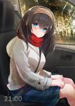  azuki_yui black_hair blue_eyes blush breasts car_interior commentary_request hairband idolmaster idolmaster_cinderella_girls large_breasts long_hair looking_at_viewer sagisawa_fumika scarf seatbelt sitting smile solo timestamp 