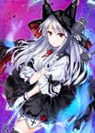  azur_lane black_bow black_legwear black_skirt blouse bow commentary_request cowboy_shot erebus_(azur_lane) from_side gloves hood long_hair looking_at_viewer looking_to_the_side parted_lips puffy_short_sleeves puffy_sleeves red_eyes red_neckwear short_sleeves silver_hair skirt solo thighhighs white_blouse white_gloves y2 