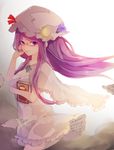  adjusting_hair black_panties book capelet chiroru_(cheese-roll) crescent glasses hat highres lace lace_panties long_hair mob_cap nightgown panties paper patchouli_knowledge purple_eyes purple_hair red-framed_eyewear see-through side-tie_panties solo touhou underwear 