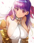  bandages bare_shoulders bent_over blonde_hair blush breasts claw_(weapon) closed_mouth collar collarbone colored_eyelashes eyebrows_visible_through_hair fate/extra fate/extra_ccc fate/grand_order fate_(series) foreshortening gradient_hair hair_ribbon halterneck hanging_breasts head_tilt huge_breasts long_hair looking_at_viewer motion_blur multicolored_hair nishizawa o-ring o-ring_top passion_lip petals purple_hair ribbon shiny shiny_hair simple_background smile solo standing tareme thighhighs weapon white_background 