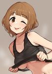  bangs bare_shoulders black_tank_top blunt_bangs blush breasts brown_eyes brown_hair collarbone commentary_request eyebrows_visible_through_hair grey_background highres idolmaster idolmaster_cinderella_girls kitami_yuzu medium_breasts navel omaru_gyuunyuu one_eye_closed shirt_lift short_hair simple_background smile solo sweat tank_top tongue tongue_out underboob 