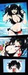 absurdres ass_visible_through_thighs bikini black_bikini black_border black_hair black_nails blush border breasts cleavage cowboy_shot dutch_angle esu_(transc) food from_above fruit green_eyes heart highres large_breasts nail_polish neo_(rwby) recording rwby side-tie_bikini sketch smile swimsuit twintails viewfinder watermelon 
