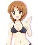  :d bangs bare_shoulders bikini black_bikini breasts commentary_request eyebrows_visible_through_hair girls_und_panzer light_brown_eyes light_brown_hair ma-2_(konkon_kitakitsune) medium_breasts navel nishizumi_miho open_eyes open_mouth short_hair smile solo swimsuit waving 