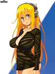  blonde_hair breasts character_request cleavage covered_nipples cowboy_shot dress headphones heart heart_necklace jewelry large_breasts logo long_hair long_sleeves looking_at_viewer necklace non-web_source official_art psychic_hearts ryoji_(nomura_ryouji) silver_eyes solo tight_dress 