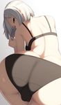  ass bikini black_bikini blue_eyes breasts cowboy_shot from_behind gradient gradient_background grey_background hair_ornament hairclip hamakaze_(kantai_collection) kantai_collection large_breasts looking_at_viewer looking_back samegami short_hair silver_hair solo swimsuit 