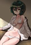  1girl bra bra_pull breasts collarbone expressionless eyebrows_visible_through_hair green_eyes green_hair half-closed_eyes highres indoors kino kino_no_tabi long_sleeves looking_at_viewer matching_hair/eyes navel off_shoulder open_clothes open_shirt panties panty_pull shirt short_hair sitting small_breasts solo templus underwear white_bra white_panties white_shirt 