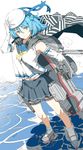  bare_shoulders beret blue_eyes blue_hair cape double_bun elbow_gloves gloves hair_between_eyes hat highres kantai_collection looking_at_viewer machinery neckerchief ninimo_nimo pleated_skirt sailor_hat school_uniform serafuku skirt sleeves_rolled_up smile socks solo turret urakaze_(kantai_collection) water white_hat white_legwear 