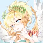  alternate_costume blonde_hair blue_background blue_eyes dress eyebrows_visible_through_hair eyes_visible_through_hair feathered_wings fingers_to_mouth head_wreath high_ponytail laurel_crown looking_at_viewer mechanical_wings mercy_(overwatch) open_mouth overwatch portrait sevenann short_hair short_sleeves simple_background solo spread_wings toga watermark white_dress winged_victory_mercy wings 