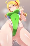  :p ahoge arm_behind_back ass_visible_through_thighs blonde_hair blush breasts brown_background cameltoe closed_mouth competition_swimsuit covered_navel covered_nipples cowboy_shot eyebrows_visible_through_hair foreshortening from_below green_eyes green_swimsuit groin highres hoshii_miki idolmaster idolmaster_(classic) long_hair looking_at_viewer looking_down medium_breasts nose_blush one-piece_swimsuit one_side_up saliva scrunchie shiny shiny_skin simple_background skin_tight smile solo standing sweat swimsuit tareme tengu_(tetuo_kun) thighs tongue tongue_out v wavy_hair 