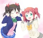  \m/ aqua_eyes black_hair blazer blue_jacket bow clenched_hands commentary_request double_\m/ green_bow green_neckwear grin hair_bow jacket kurosawa_ruby love_live! love_live!_school_idol_project love_live!_sunshine!! multiple_girls nico_nico_nii one_eye_closed open_blazer open_clothes open_jacket orange_bow orange_neckwear otonokizaka_school_uniform pink_cardigan red_bow red_eyes red_hair school_uniform serafuku short_twintails skirt smile striped striped_bow toma_(shinozaki) twintails two_side_up uranohoshi_school_uniform yazawa_nico 