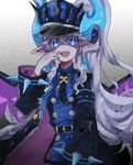  blue_eyes collared_shirt demon_girl elsword eyebrows_visible_through_hair fang hair_ornament hairclip hat horns long_hair luciela_r._sourcream nail_polish necktie ponytail shaded_face shirt sya_(ang1212) symbol-shaped_pupils timoria_(elsword) white_hair wings 