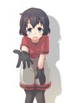  :d black_gloves black_hair black_legwear blue_eyes blurry blush commentary_request depth_of_field eyebrows_visible_through_hair foreshortening gloves grey_shorts hair_between_eyes hand_on_own_knee hatafuta highres kaban_(kemono_friends) kemono_friends leaning_forward looking_at_viewer open_mouth outstretched_arm outstretched_hand pantyhose reaching_out red_shirt shadow shirt short_hair shorts smile solo wavy_hair 