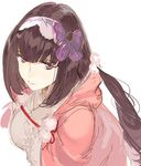  bangs bow brown_hair closed_mouth fate/grand_order fate_(series) hair_bow hood hood_down hoodie long_hair looking_at_viewer open_clothes open_hoodie osakabe-hime_(fate/grand_order) pako ponytail purple_eyes ribbon simple_background solo white_background 
