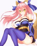  1girl bare_shoulders blush breasts brown_eyes caster_(fate/extra) cleavage dress fate/extra kitsune_mimi large_breasts long_hair pink_hair smile tail twintails 