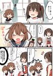  3girls :d ^_^ ^o^ black_neckwear black_sailor_collar black_skirt book brown_eyes brown_hair closed_eyes commentary_request dx_(dekusu) eyebrows_visible_through_hair folded_ponytail hair_between_eyes highres holding holding_book ikazuchi_(kantai_collection) inazuma_(kantai_collection) kantai_collection long_sleeves mimikaki multiple_girls neckerchief open_mouth plasma-chan_(kantai_collection) red_neckwear remodel_(kantai_collection) sailor_collar scarf school_uniform sendai_(kantai_collection) serafuku short_hair skirt sleeveless smile speech_bubble translated two_side_up white_sailor_collar white_scarf yandere 