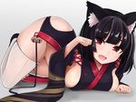  :d animal_ears azur_lane bad_anatomy bangs bell black_hair black_kimono blunt_bangs breasts cat_ears eyebrows_visible_through_hair fang full_body hip_vent hips japanese_clothes jingle_bell kimono large_breasts looking_at_viewer lying mask mask_on_head no_panties on_stomach open_mouth paw_pose red_eyes short_hair sideboob sin_(kami148) smile solo thighhighs top-down_bottom-up white_legwear wide_sleeves yamashiro_(azur_lane) 