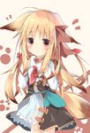  :&gt; animal_ears backpack bag bangs black_coat blonde_hair bow brown_background brown_eyes brown_ribbon closed_mouth collared_dress commentary_request cowboy_shot dress ears_down eyebrows_visible_through_hair fox_ears fox_girl fox_tail hair_bow hair_ribbon highres holding kushida_you long_hair long_sleeves looking_at_viewer original paw_background red_ribbon ribbon smile solo tail two-tone_background very_long_hair white_background white_dress 