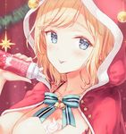  :p bangs bell blonde_hair blurry blush bow breasts christmas depth_of_field eyebrows_visible_through_hair green_eyes hiten_(hitenkei) holding jingle_bell large_breasts looking_at_viewer original short_hair tongue tongue_out 