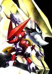  1boy armor artist_request bandai claws digimon digimon_xros_wars fangs full_armor gold horns looking_at_viewer male_focus mecha monster no_humans omegashoutmon scarf serious shiny shoulder_pads shoutmon transformation 