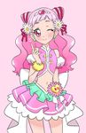  back_bow bow closed_mouth cnove cowboy_shot cure_yell double_bun earrings flower hair_flower hair_ornament hair_ribbon hugtto!_precure jewelry layered_skirt long_hair looking_at_viewer magical_girl navel nono_hana one_eye_closed pink pink_background pink_eyes pink_hair pink_skirt precure red_ribbon ribbon simple_background skirt smile solo spoilers white_bow wrist_cuffs 
