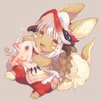  :3 :d animal_ears bangs beige_background blunt_bangs blush creature ears_through_headwear eyebrows_visible_through_hair furry hat hideko_(l33l3b) horns hug long_hair looking_at_viewer made_in_abyss mitty_(made_in_abyss) nanachi_(made_in_abyss) open_mouth pants paws pouch red_eyes silver_hair simple_background smile tail topless whiskers yellow_eyes 