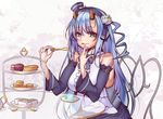  azur_lane bangs bare_shoulders blue_dress blue_eyes blue_hair chair closed_mouth cookie detached_sleeves dress flower food hair_between_eyes hair_flower hair_ornament hairband hat holding horns ikazuchi_(azur_lane) inazuma_(azur_lane) long_hair long_sleeves looking_at_viewer mini_hat oni_horns short_dress sitting table tetsu_(excalibur920) tiered_tray tray 
