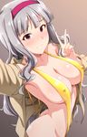  arched_back arm_up armpits ass bangs blunt_bangs blush breasts brown_background brown_jacket cleavage collarbone covered_nipples cowboy_shot eyebrows_visible_through_hair gradient gradient_background grin idolmaster idolmaster_(classic) jacket large_breasts long_hair looking_at_viewer nervous_smile open_clothes open_jacket parted_lips pink_eyes reaching_out self_shot shijou_takane silver_hair slingshot_swimsuit smile solo standing sweat sweater swimsuit swimsuit_under_clothes tareme teeth tengu_(tetuo_kun) v wavy_hair yellow_sweater 