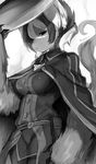  black_eyes breasts cape claws closed_mouth cowboy_shot eyebrows_visible_through_hair furrification furry greyscale hair_between_eyes hand_on_headwear jacket jitome looking_at_viewer made_in_abyss medium_breasts monochrome monsterification multicolored_hair ozen pants pouch short_hair solo standing suurin_(ksyaro) tail twitter_username two-tone_hair 