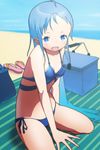  1girl beach bikini blue_eyes blue_hair female hasukawa_isaburou kantai_collection kneeling open_mouth samidare_(kantai_collection) side-tie_bikini solo 