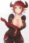  adjusting_clothes adjusting_gloves black_bodysuit bodysuit breasts brown_eyes closed_mouth collarbone commentary_request contrapposto cowboy_shot cross cross_earrings earrings elbow_gloves gloves granblue_fantasy grey_background horns jewelry large_breasts moshoko_(mizuneroku) pointy_ears red_gloves red_hair shiny shiny_clothes short_hair simple_background skin_tight solo standing sturm_(granblue_fantasy) tsurime v-shaped_eyebrows 