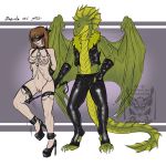  2018 bdsm bondage bound breasts clothing digital_media_(artwork) domination dragon drerika duo female human legwear male male_domination mammal pussy scalie submissive_female western_dragon 