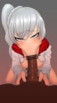  1boy 1girl :&gt;= bar_censor blush breasts caressing_testicles censored clothed_sex dark_skinned_male erection fellatio hetero interracial large_penis looking_at_viewer nipples oral pale_skin penis ponytail pov rolling_eyes rwby saliva sex sucking testicles weiss_schnee white_hair 