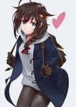  alternate_costume backpack bag black_gloves black_legwear blue_eyes braid brown_hair closed_mouth commentary cowboy_shot eyebrows_visible_through_hair gloves grey_background hair_between_eyes hair_flaps hair_ornament hair_ribbon heart hood hood_down hoodie kantai_collection light_blush long_hair looking_at_viewer pantyhose remodel_(kantai_collection) ribbon shigure_(kantai_collection) shunichi simple_background single_braid smile solo standing tress_ribbon 