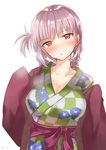  blush braid breasts cleavage commentary_request fate/grand_order fate_(series) florence_nightingale_(fate/grand_order) highres hiyoko_biimu japanese_clothes kimono large_breasts long_hair looking_at_viewer pink_hair red_eyes single_braid solo upper_body yukata 