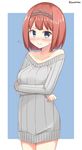 ark_royal_(kantai_collection) blue_eyes blush bob_cut breast_rest breasts chaa_(korone-ze) commentary_request crossed_arms dress embarrassed hairband highres kantai_collection looking_at_viewer medium_breasts red_hair ribbed_sweater short_hair solo sweatdrop sweater sweater_dress tiara 