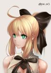 artoria_pendragon_(all) bare_shoulders black_bow black_ribbon blonde_hair bow closed_mouth commentary_request fate/stay_night fate_(series) green_eyes hair_bow highres long_hair ponytail portrait ribbon saber_lily sidelocks smile solo sowel_(sk3) twitter_username 