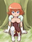  1girl asymmetrical_clothes bakugan bakugan_battle_brawlers blue_eyes blush boots breasts breasts_outside earrings female gloves jewelry mira_clay mira_fermin new_vestroia nipples orange_hair short_hair sitting smile solo takappe 