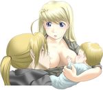  blonde_hair breast_feeding breasts edward_elric fullmetal_alchemist long_hair ponytail simple_background winry_rockbell 