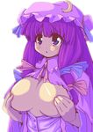  :&lt; blush breasts breasts_outside covering covering_nipples crescent eruichi_(redphantom) hair_ribbon hat large_breasts long_hair no_bra open_clothes open_shirt patchouli_knowledge purple_eyes purple_hair ribbon shirt simple_background solo tears touhou very_long_hair white_background 