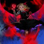  black_skirt blonde_hair blouse bow commentary cravat darkness dress_shirt floating flying glowing hair_bow hair_ribbon inishie_kumo long_sleeves looking_at_viewer open_mouth red_bow red_eyes red_ribbon ribbon rumia shirt short_hair skirt smile solo touhou vest white_blouse white_shirt wing_collar 