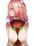  1girl bare_shoulders between_breasts blush breasts commentary_request flower hanging_breasts horns ibaraki_douji&#039;s_arm ibaraki_kasen large_breasts looking_to_the_side naked_tabard nipples pink_flower pink_hair pink_rose piyodesu red_eyes rose shiny shiny_hair short_hair solo tabard touhou turtleneck white_background 