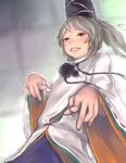  eyebrows_visible_through_hair gengoroumaru_(ambidextrous) grey_eyes grey_hair grin half-closed_eyes hat japanese_clothes kariginu long_hair long_sleeves looking_at_viewer mononobe_no_futo pointing pointing_at_viewer ponytail pose smile solo standing tate_eboshi teeth touhou upper_body wide_sleeves 